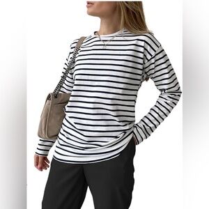 NEW LilyCoco Striped Long Sleeve Shirt Crewneck Cotton Loose Fit T Shirt M
